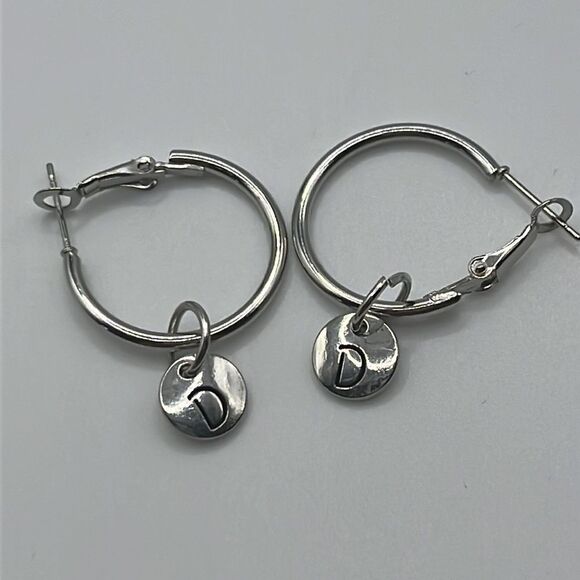Choice of Silver-tone 1-in Hoops with Dangling Initial Charm (A-Z) - Picture 8 of 11